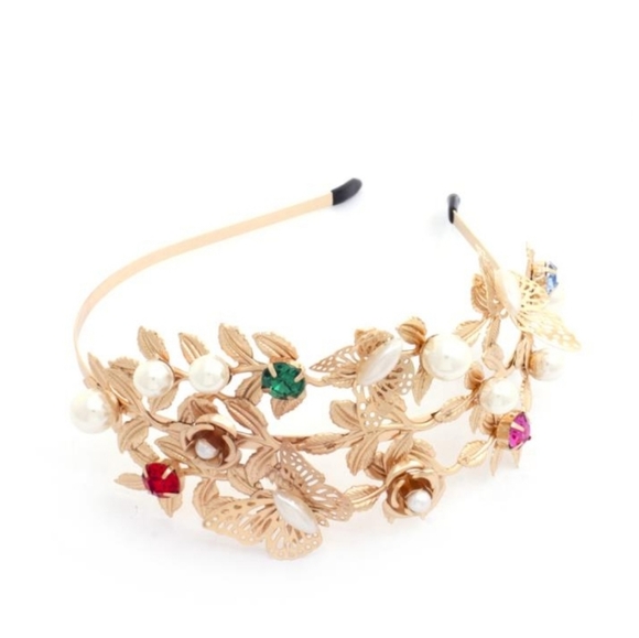 Goldtone Rhinestones faux pearls roses and butterflies headband NWT wedding prom - Picture 3 of 9